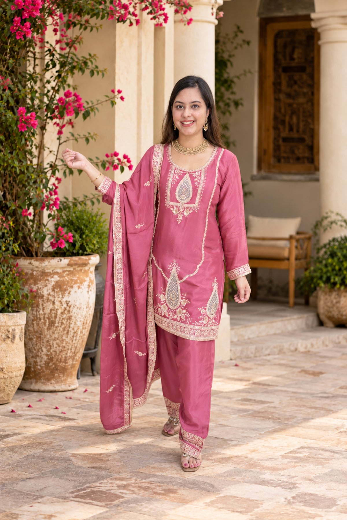 Onion Pink Embroidered Design | Farshi Set