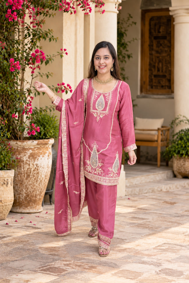Onion Pink Embroidered Design | Farshi Set Main Image