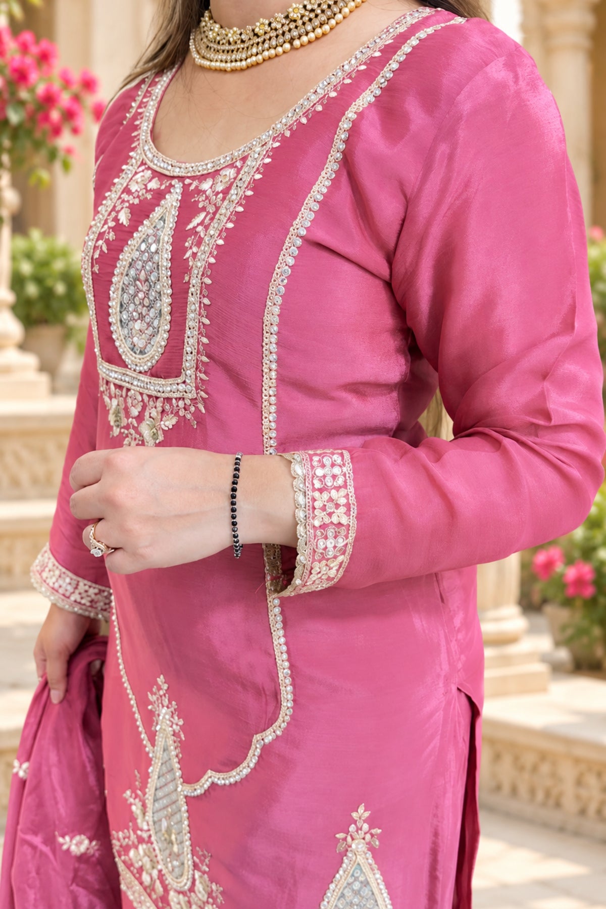 Onion Pink Embroidered Design | Farshi Set