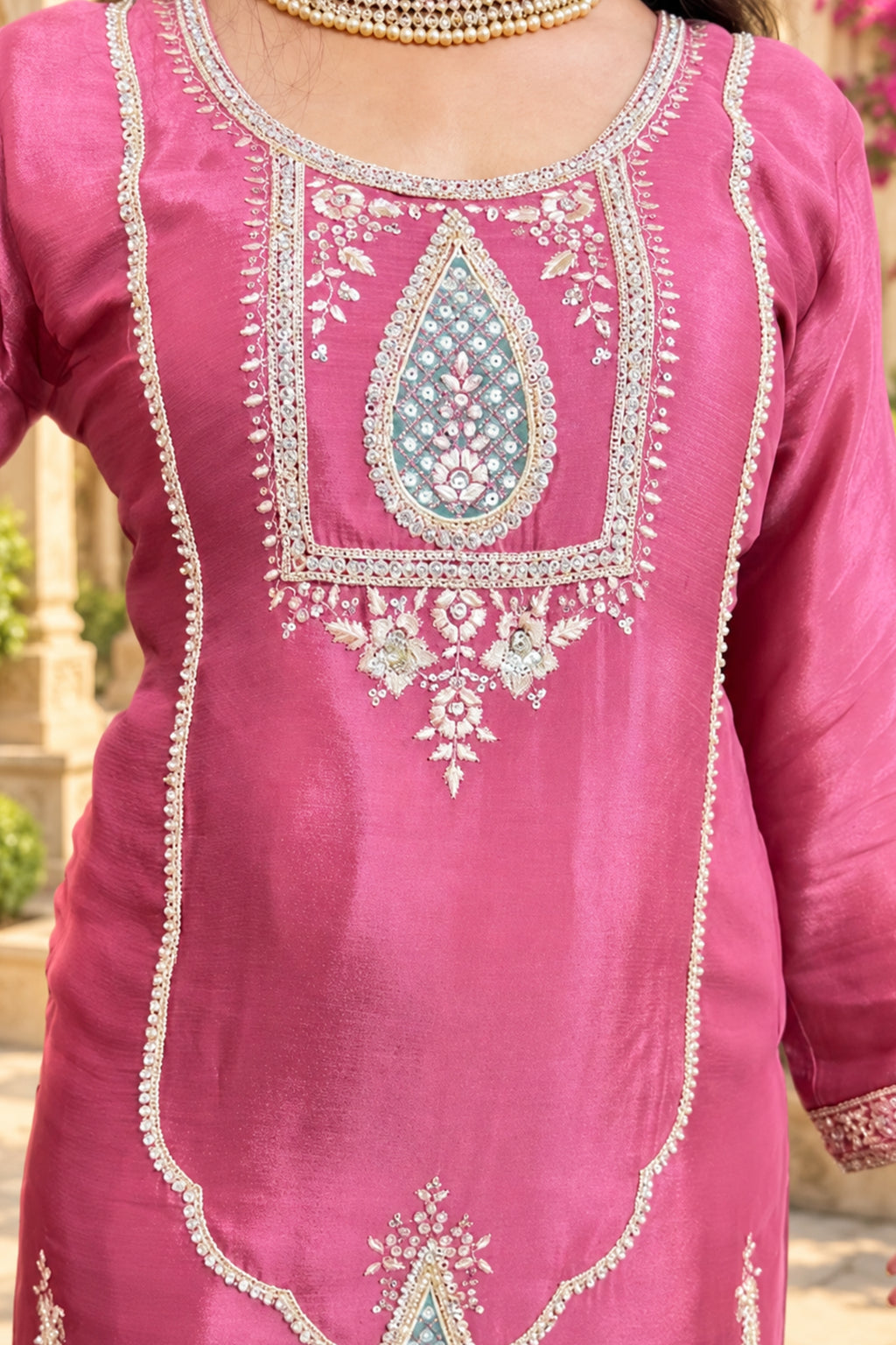 Onion Pink Embroidered Design | Farshi Set