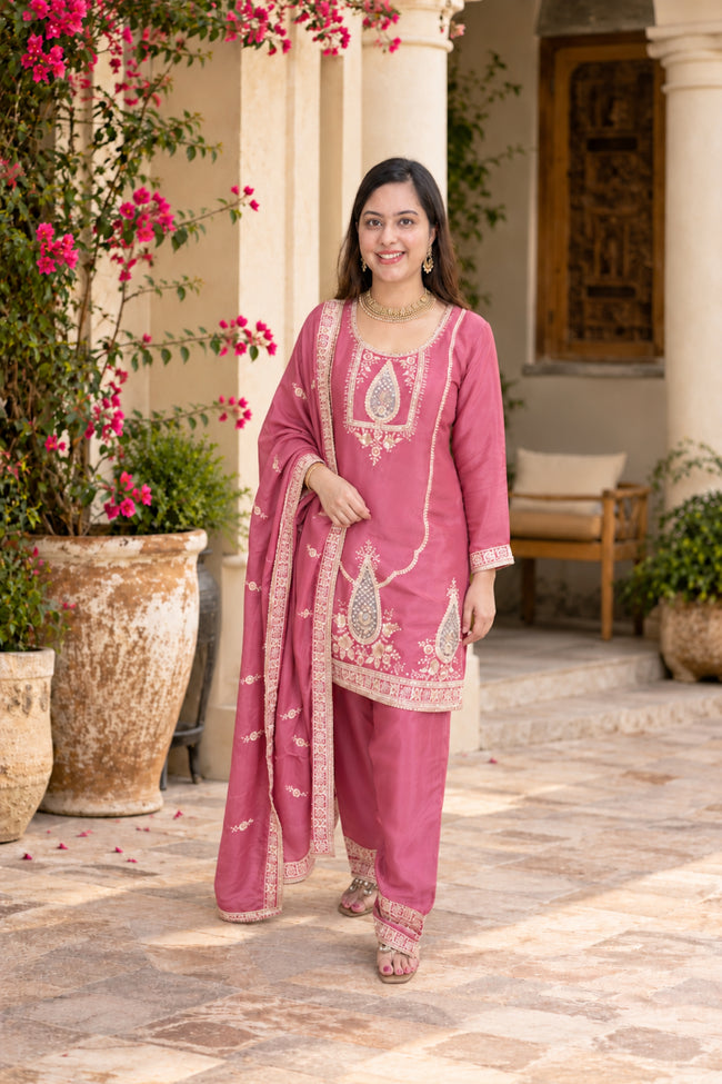 Onion Pink Embroidered Design | Farshi Set Hover Image