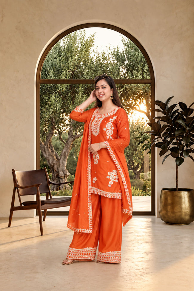 Chinon Orange Suit | Flairy Plazzo Set Hover Image